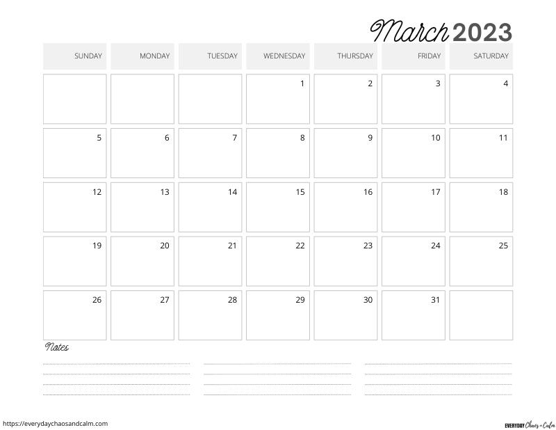 printable march 2023 calendar- sunday start